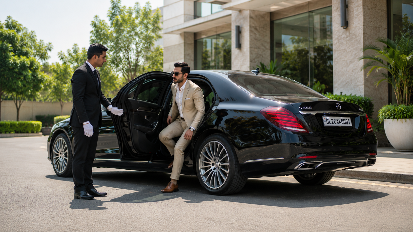 Mercedes chauffeur opening the door for a guest